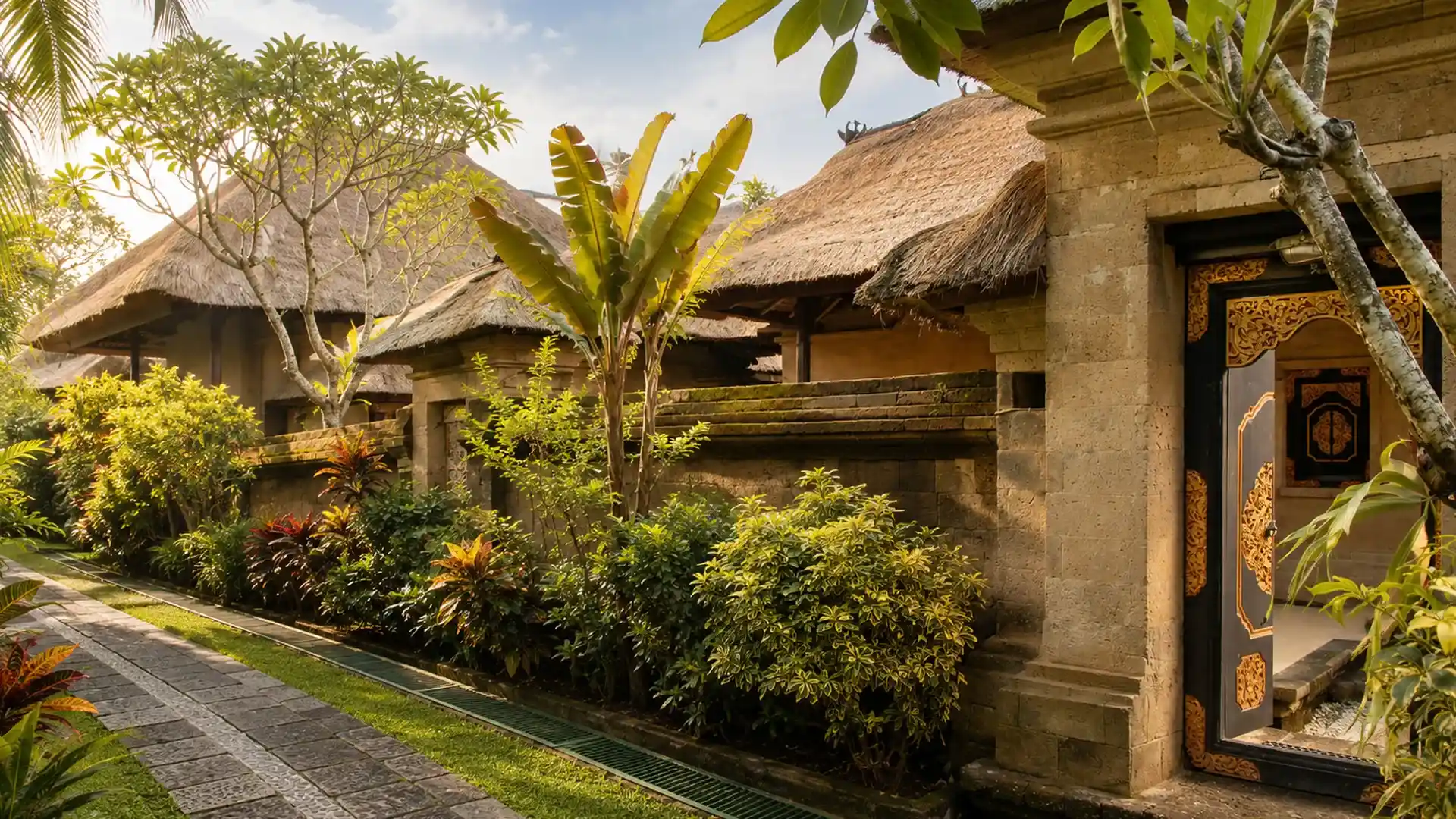 Traditional Balinese architecture surrounded by tropical gardens at Bali Agung Village Seminyak